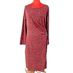 Talbots Long Sleeve Dress Red & Black Paisley Print Faux Wrap Size Large Stretch